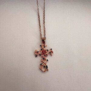 Rose Gold Tone Cross Pendant Chain Necklace Pink Rhinestone Green Leaves